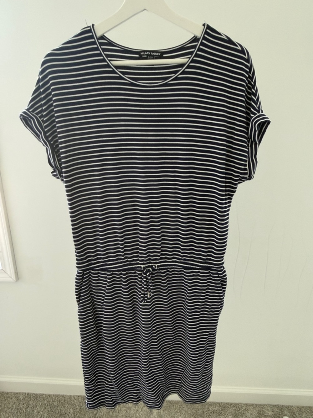 Hilary Radley Navy & White Striped Drawstring Waist Tee Dress